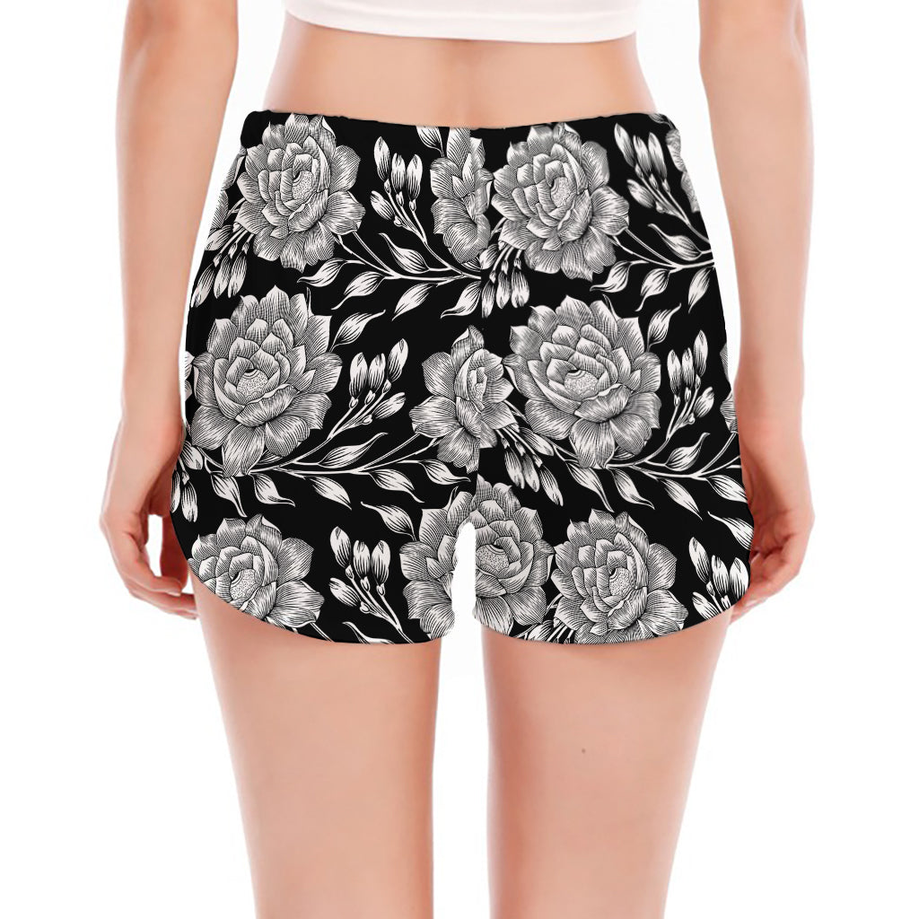 Vintage Black And White Floral Print Women's Split Running Shorts