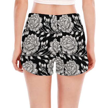 Vintage Black And White Floral Print Women's Split Running Shorts