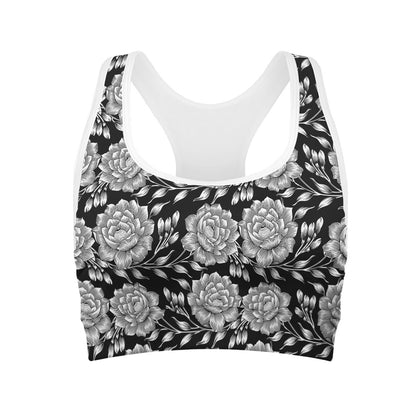 Vintage Black And White Floral Print Women's Sports Bra
