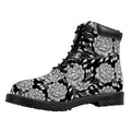 Vintage Black And White Floral Print Padded Collar Lace Up Boots