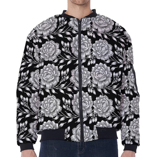 Vintage Black And White Floral Print Zip Sleeve Bomber Jacket