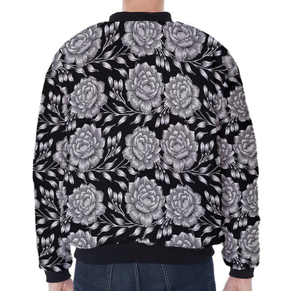 Vintage Black And White Floral Print Zip Sleeve Bomber Jacket