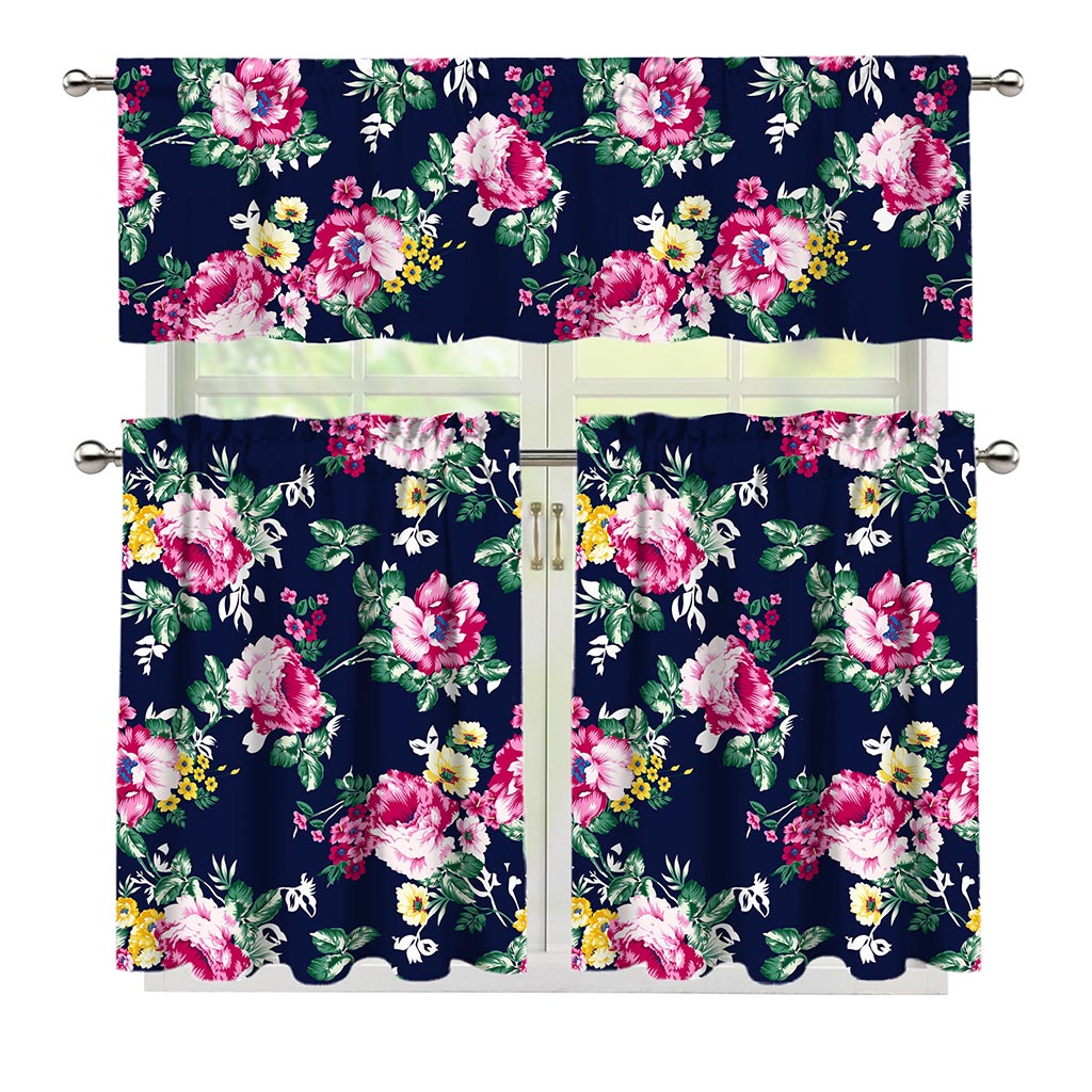 Vintage Blossom Floral Pattern Print 3 Piece Kitchen Curtains