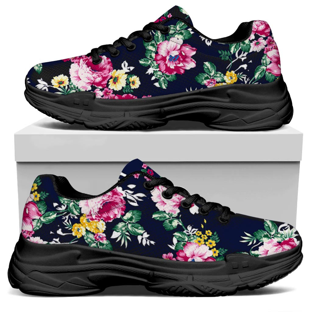Vintage Blossom Floral Pattern Print Black Chunky Shoes
