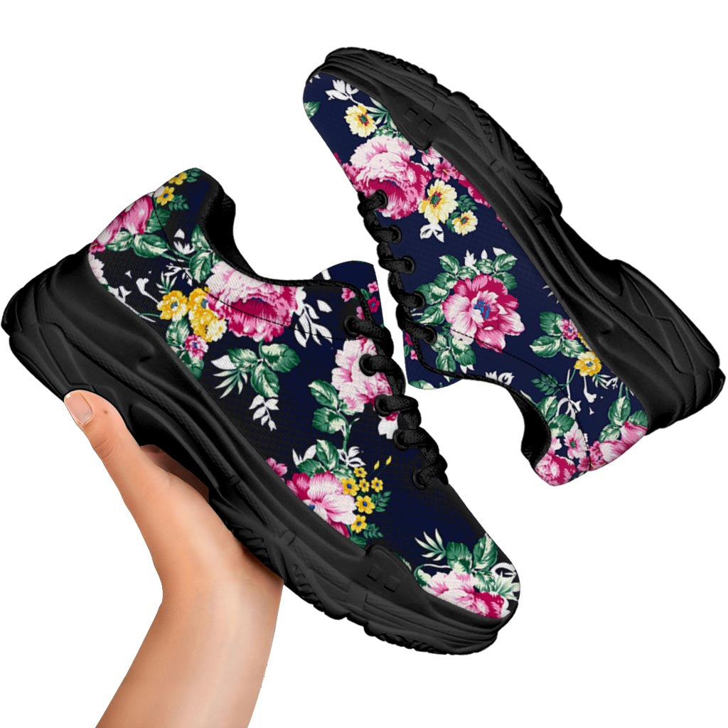Vintage Blossom Floral Pattern Print Black Chunky Shoes