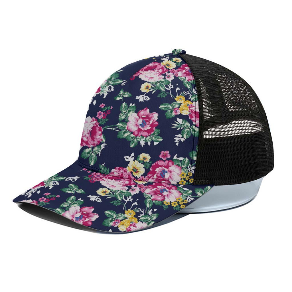 Vintage Blossom Floral Pattern Print Black Mesh Trucker Cap