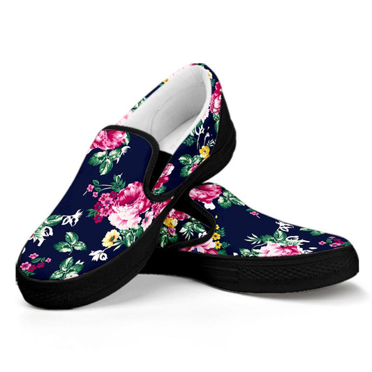 Vintage Blossom Floral Pattern Print Black Slip On Sneakers
