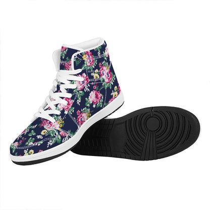 Vintage Blossom Floral Pattern Print High Top Leather Sneakers