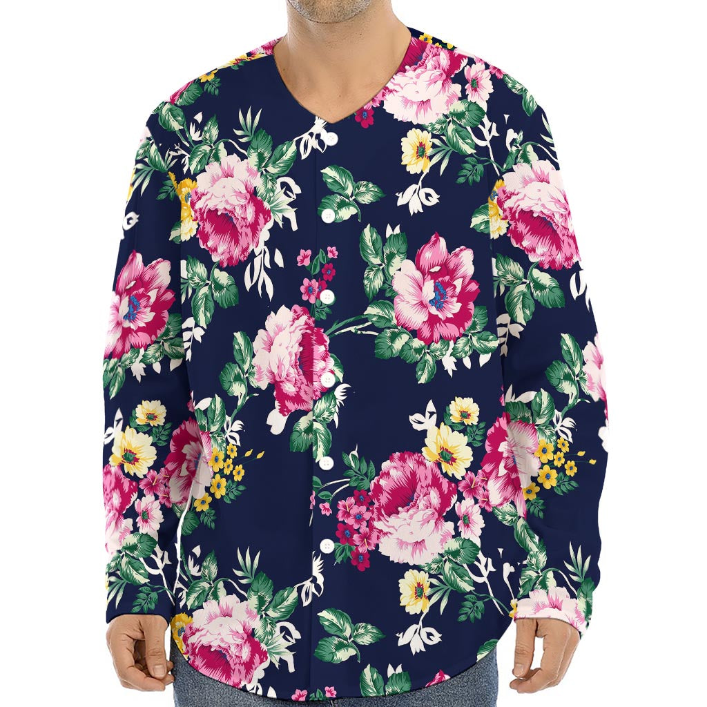 Vintage Blossom Floral Pattern Print Long Sleeve Baseball Jersey