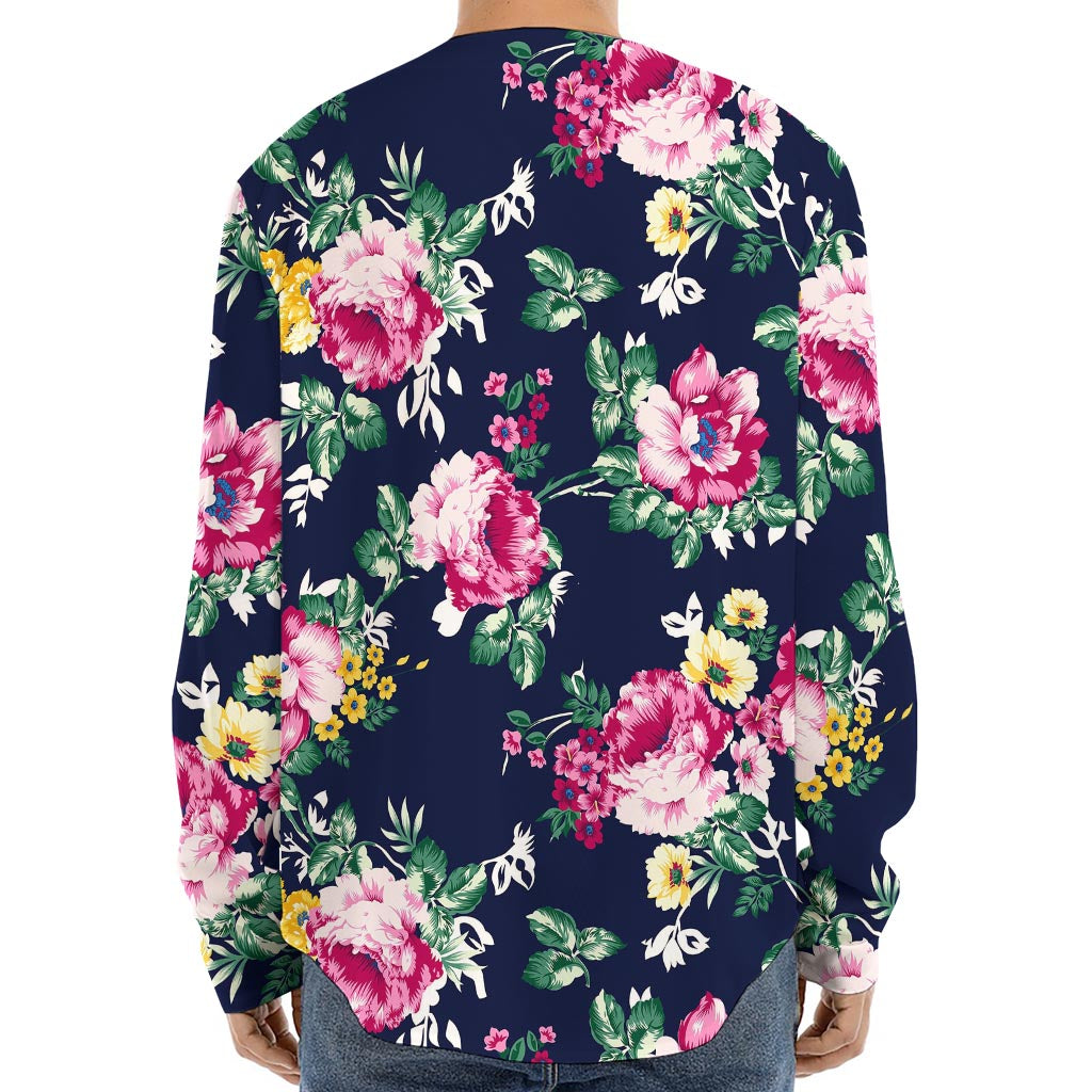 Vintage Blossom Floral Pattern Print Long Sleeve Baseball Jersey
