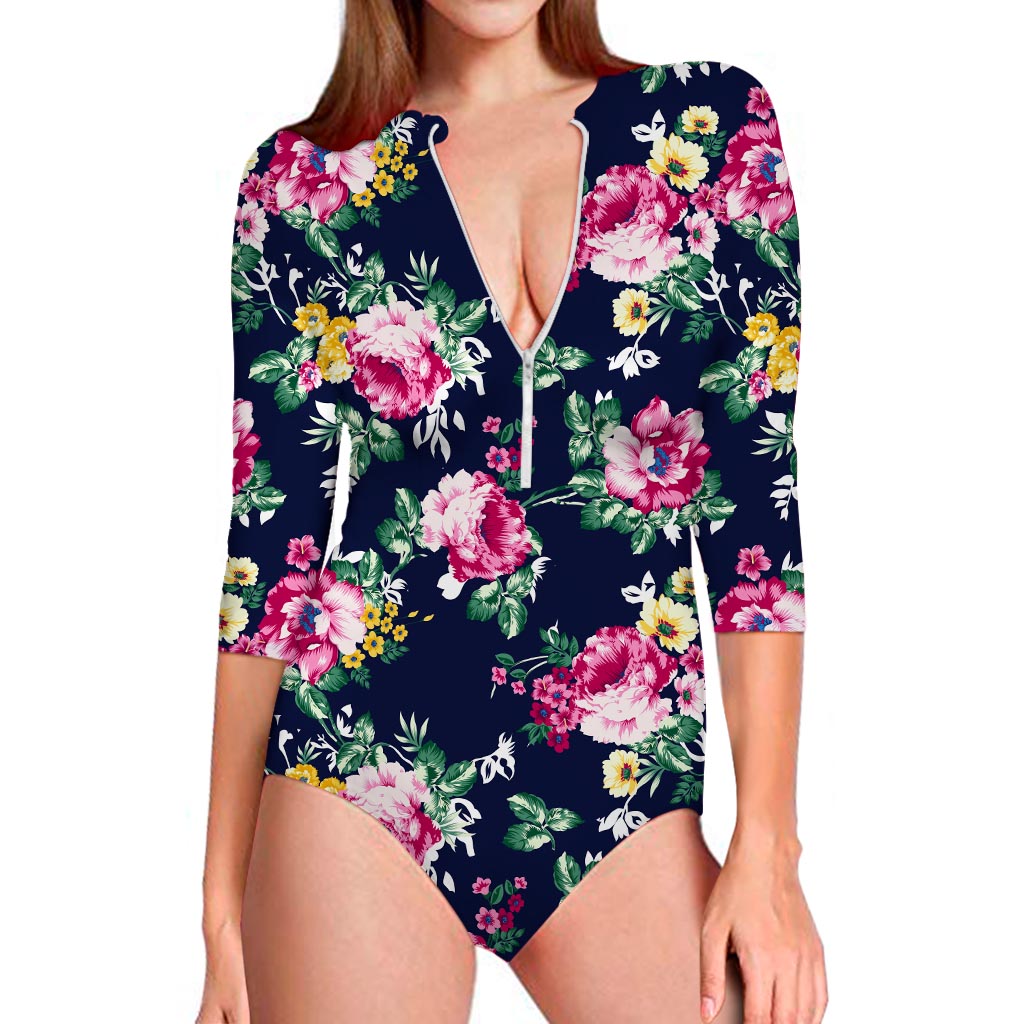 Vintage Blossom Floral Pattern Print Long Sleeve Swimsuit