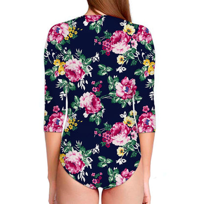 Vintage Blossom Floral Pattern Print Long Sleeve Swimsuit