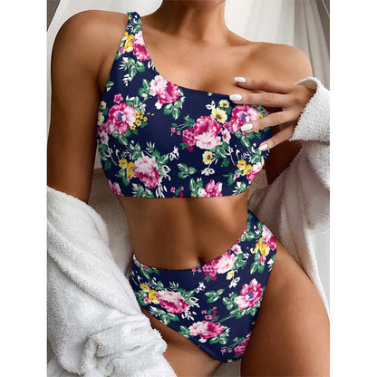 Vintage Blossom Floral Pattern Print One Shoulder Bikini Top