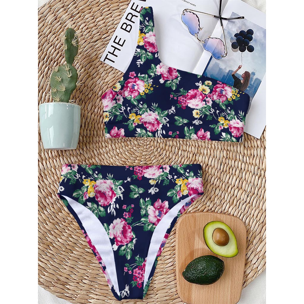 Vintage Blossom Floral Pattern Print One Shoulder Bikini Top