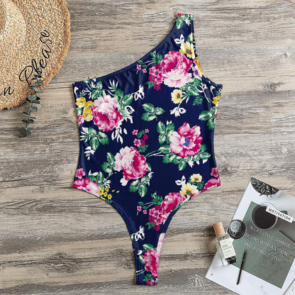 Vintage Blossom Floral Pattern Print One Shoulder Bodysuit