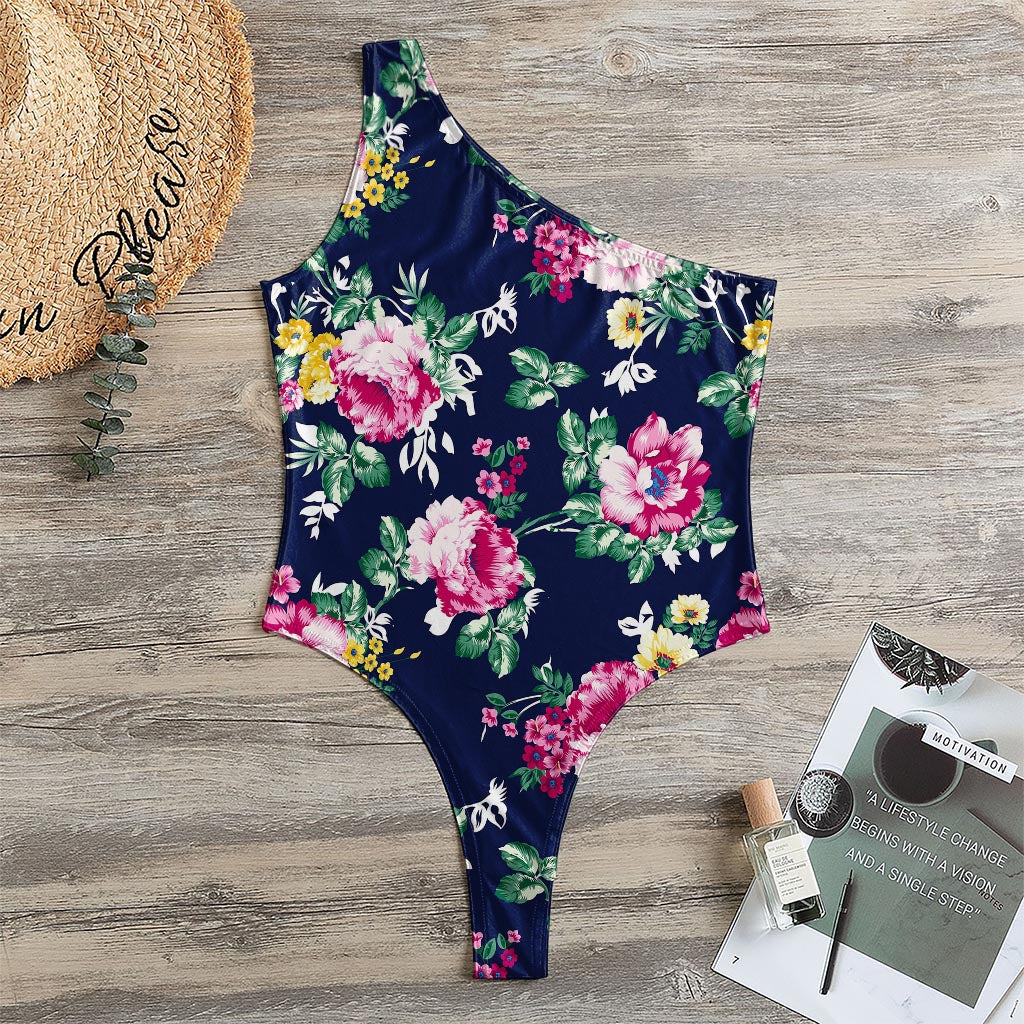 Vintage Blossom Floral Pattern Print One Shoulder Bodysuit