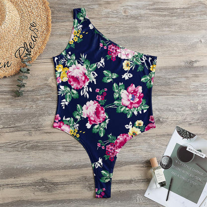 Vintage Blossom Floral Pattern Print One Shoulder Bodysuit