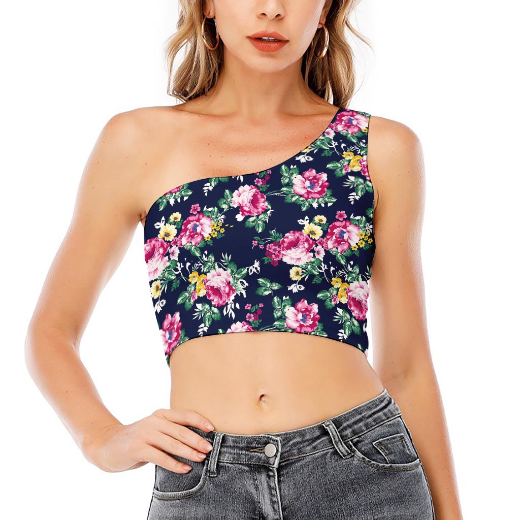Vintage Blossom Floral Pattern Print One Shoulder Crop Top