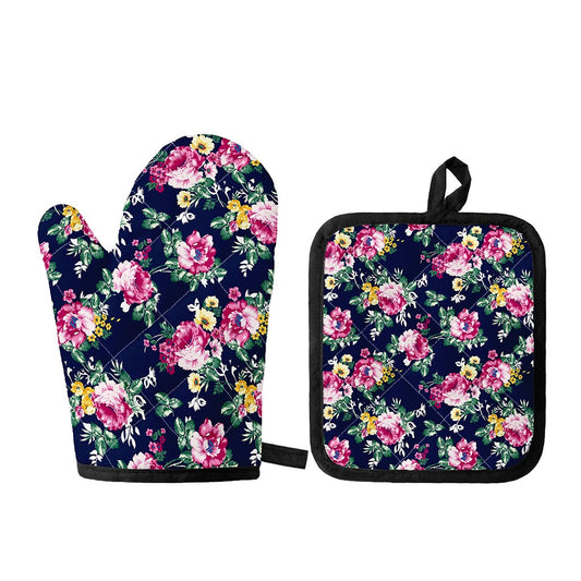 Vintage Blossom Floral Pattern Print Oven Mitt And Pot Holder Set