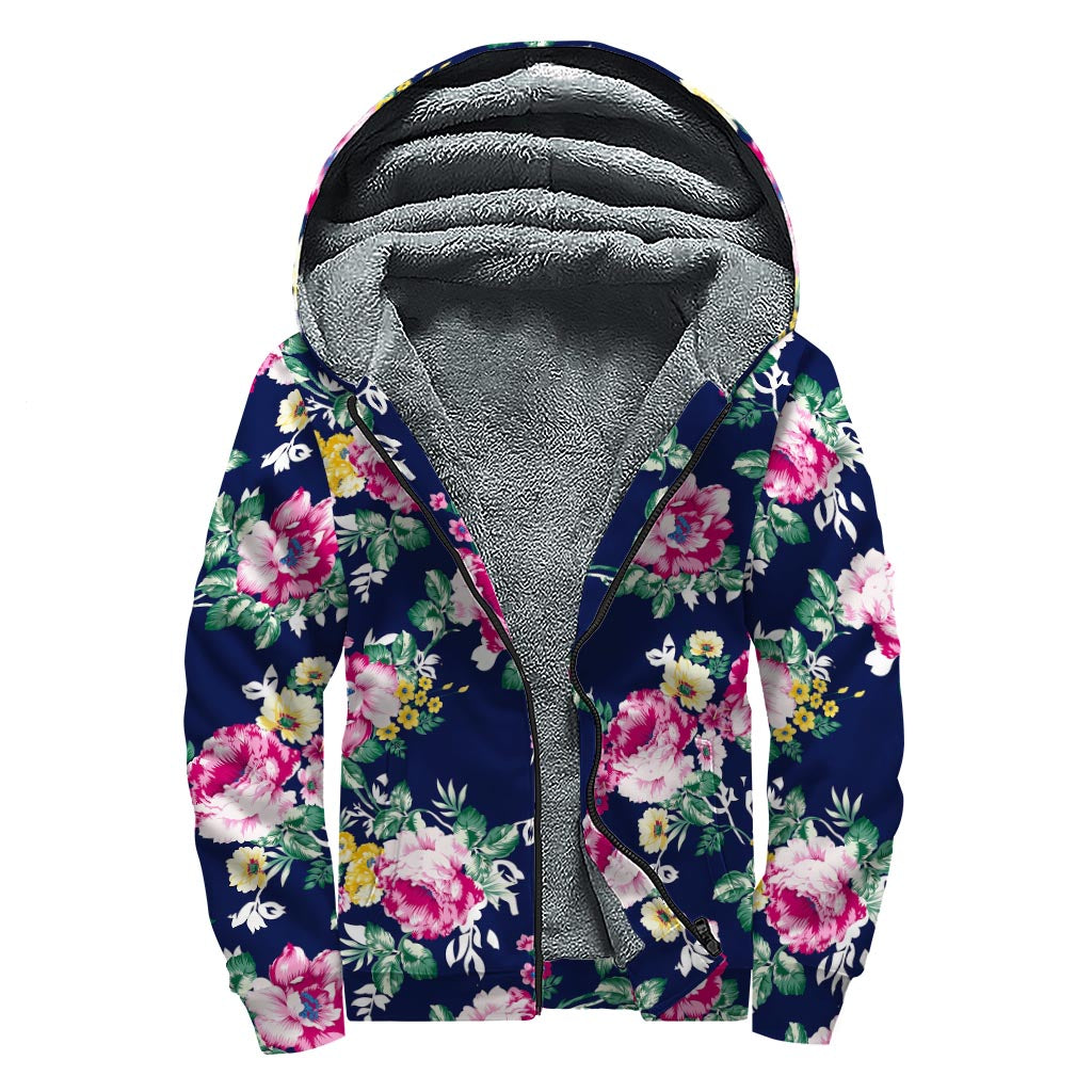 Vintage Blossom Floral Pattern Print Sherpa Lined Zip Up Hoodie