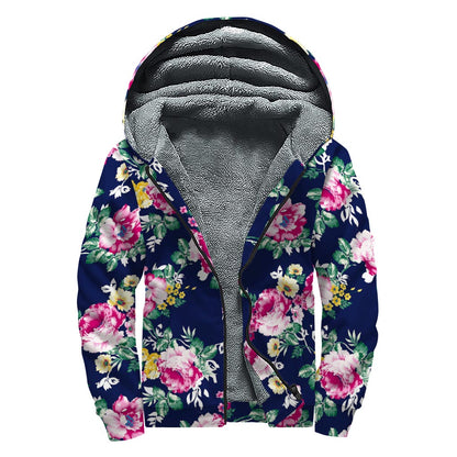 Vintage Blossom Floral Pattern Print Sherpa Lined Zip Up Hoodie