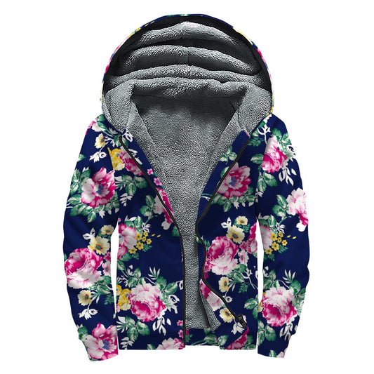 Vintage Blossom Floral Pattern Print Sherpa Lined Zip Up Hoodie