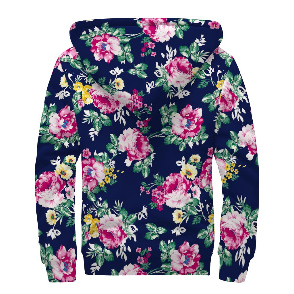 Vintage Blossom Floral Pattern Print Sherpa Lined Zip Up Hoodie