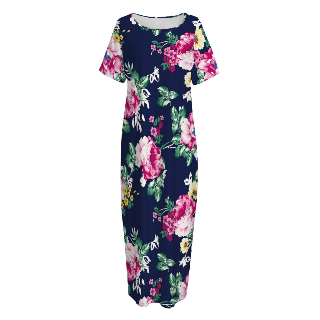 Vintage Blossom Floral Pattern Print Short Sleeve Long Nightdress