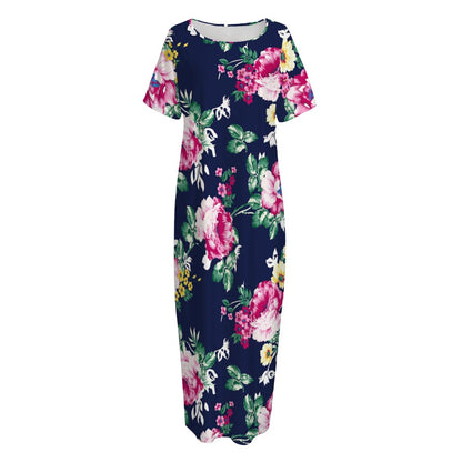 Vintage Blossom Floral Pattern Print Short Sleeve Long Nightdress