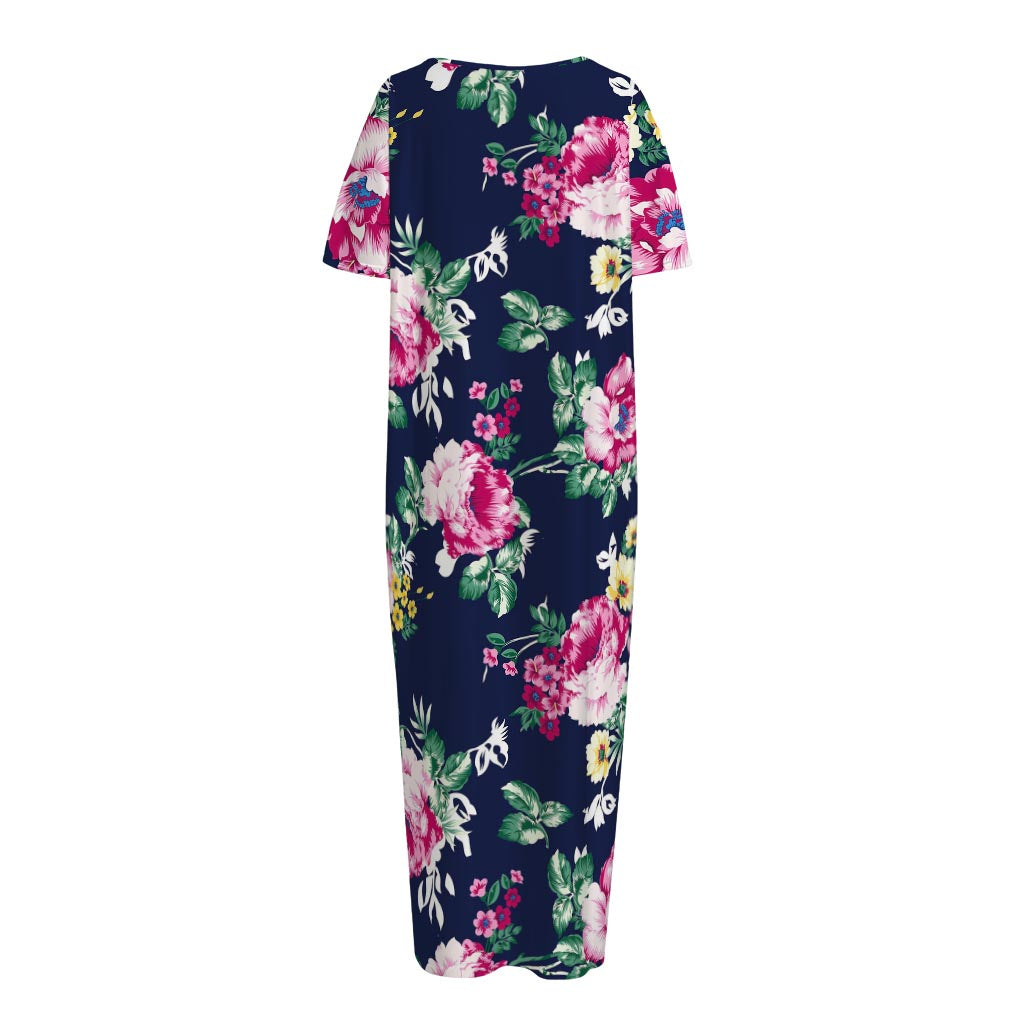 Vintage Blossom Floral Pattern Print Short Sleeve Long Nightdress