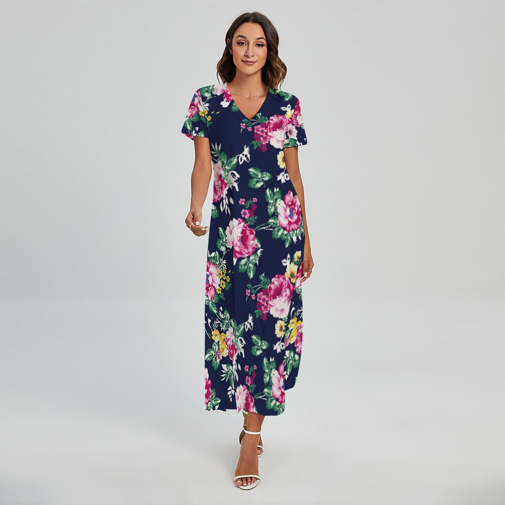 Vintage Blossom Floral Pattern Print Short Sleeve Maxi Dress