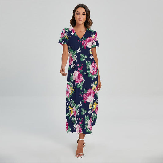 Vintage Blossom Floral Pattern Print Short Sleeve Maxi Dress