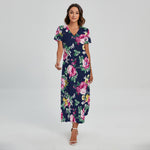 Vintage Blossom Floral Pattern Print Short Sleeve Maxi Dress