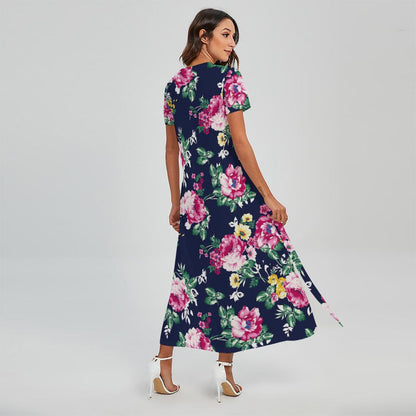 Vintage Blossom Floral Pattern Print Short Sleeve Maxi Dress