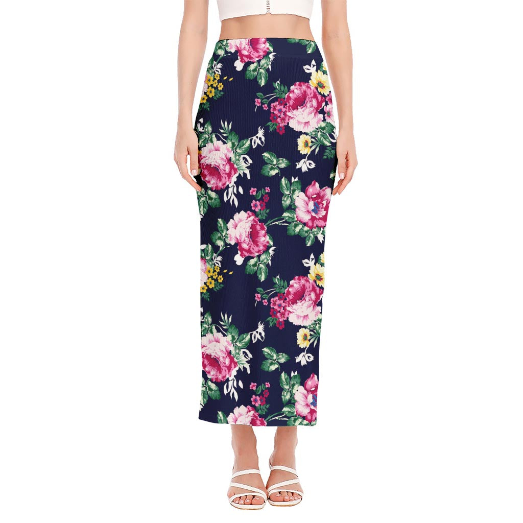 Vintage Blossom Floral Pattern Print Side Slit Maxi Skirt