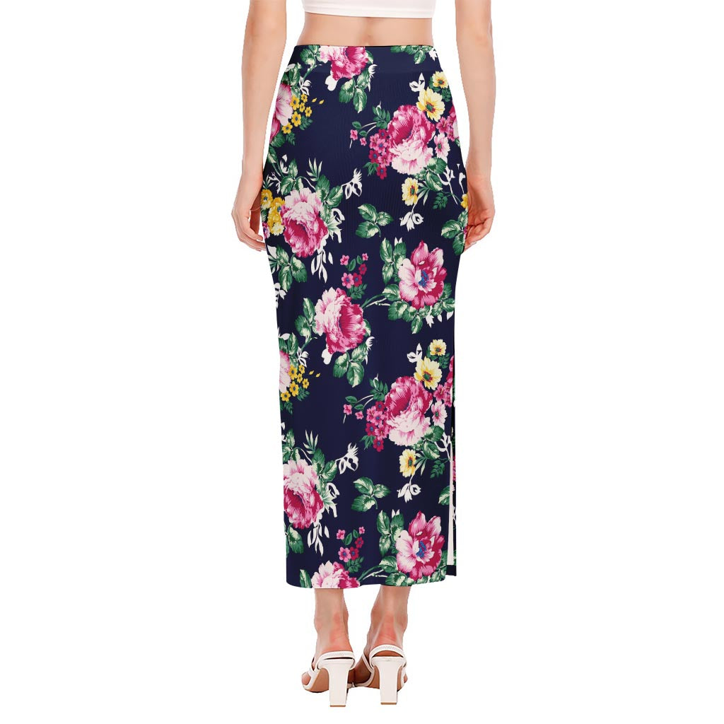 Vintage Blossom Floral Pattern Print Side Slit Maxi Skirt