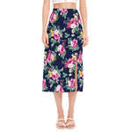 Vintage Blossom Floral Pattern Print Side Slit Midi Skirt