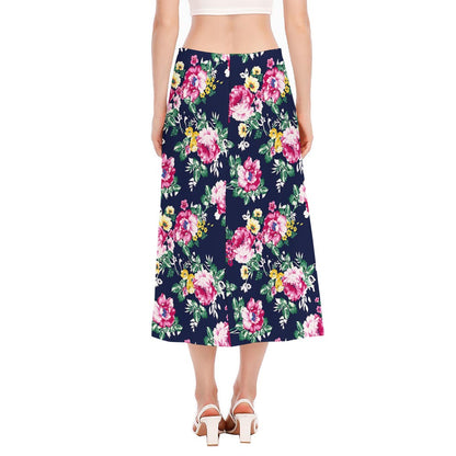 Vintage Blossom Floral Pattern Print Side Slit Midi Skirt