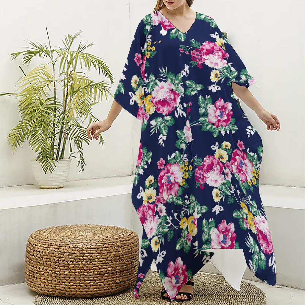Vintage Blossom Floral Pattern Print Silk V-Neck Kaftan Dress