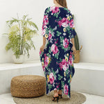 Vintage Blossom Floral Pattern Print Silk V-Neck Kaftan Dress