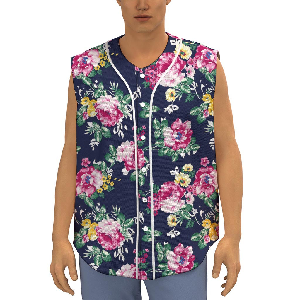 Vintage Blossom Floral Pattern Print Sleeveless Baseball Jersey