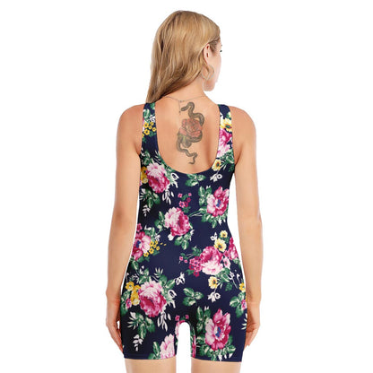 Vintage Blossom Floral Pattern Print Sleeveless One Piece Swimsuit