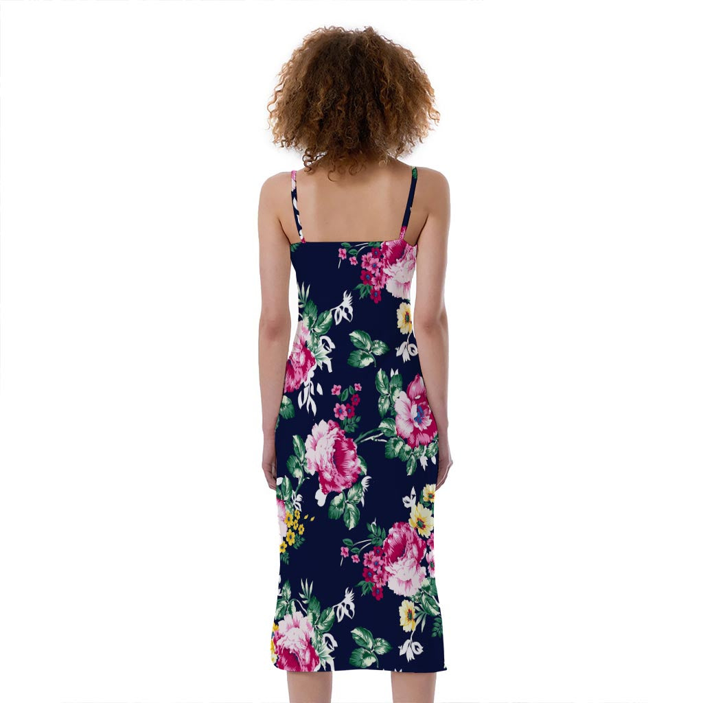 Vintage Blossom Floral Pattern Print Slim Fit Midi Cami Dress  GearFrost