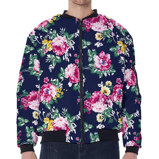 Vintage Blossom Floral Pattern Print Zip Sleeve Bomber Jacket