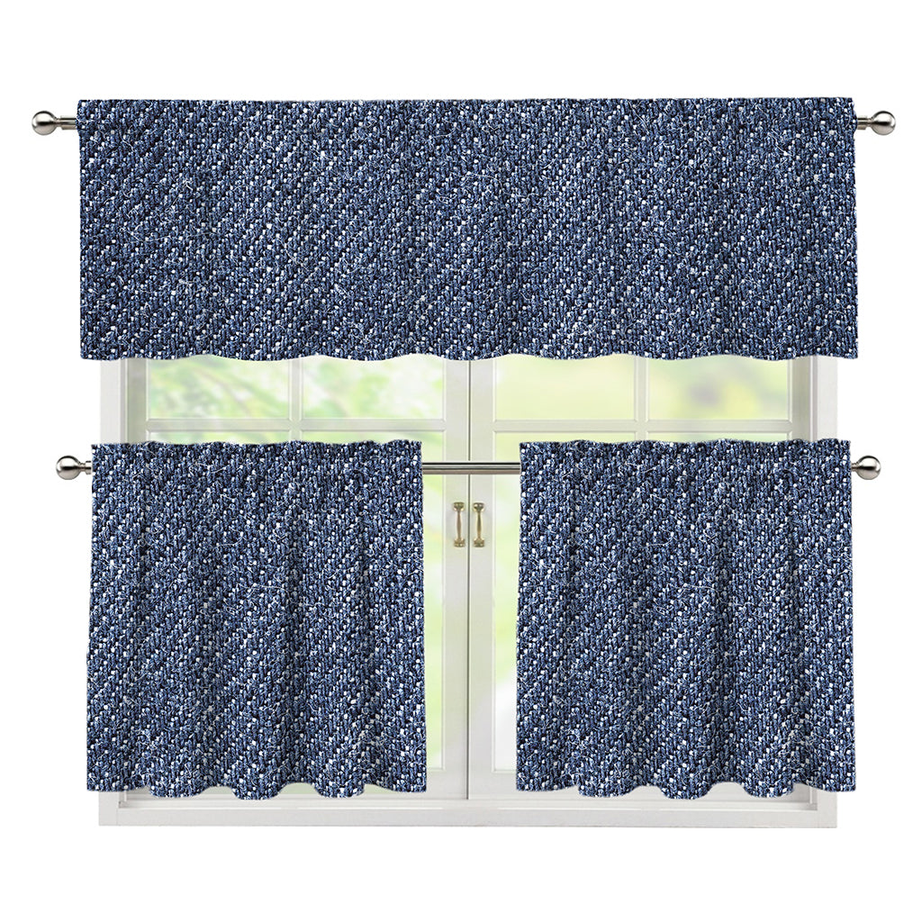 Vintage Blue Denim Jeans Print 3 Piece Kitchen Curtains