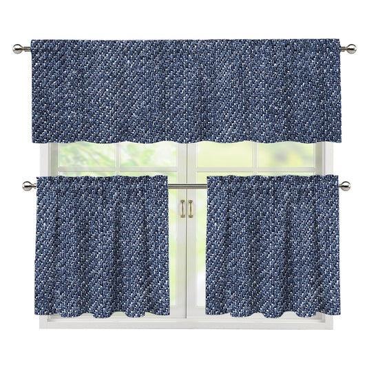 Vintage Blue Denim Jeans Print 3 Piece Kitchen Curtains