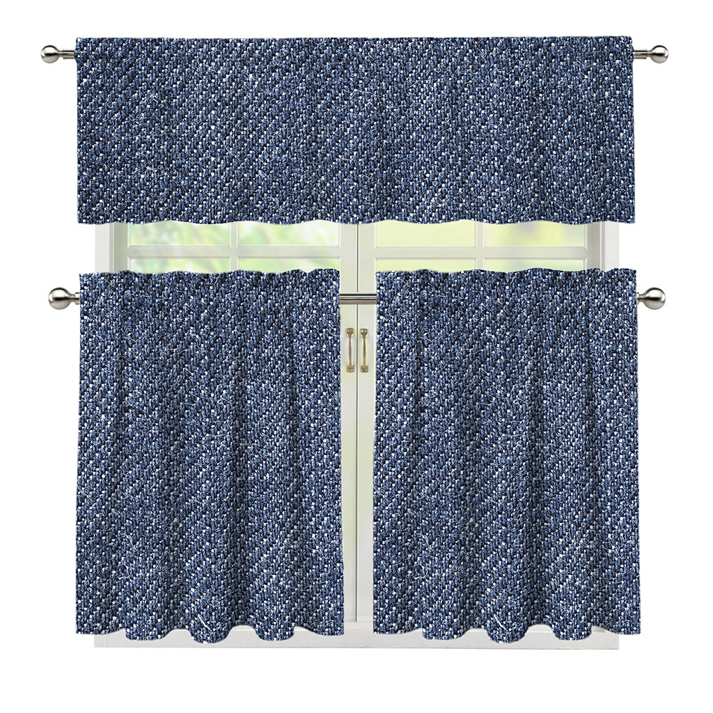 Vintage Blue Denim Jeans Print 3 Piece Kitchen Curtains
