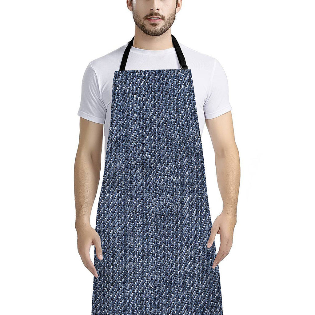 Vintage Blue Denim Jeans Print Bib Apron With Pocket
