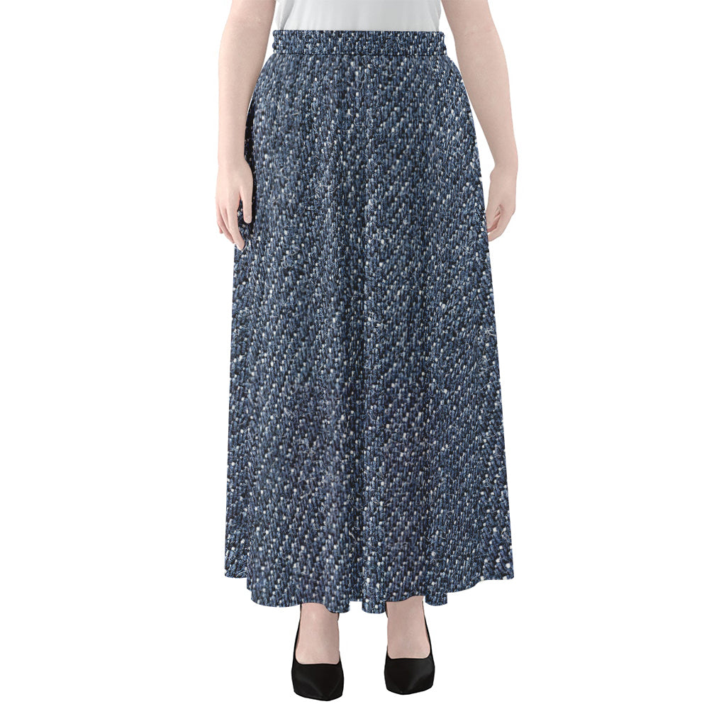 Vintage Blue Denim Jeans Print Chiffon Maxi Skirt