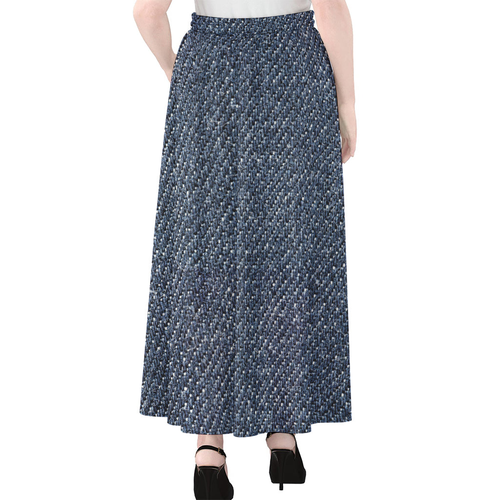 Vintage Blue Denim Jeans Print Chiffon Maxi Skirt